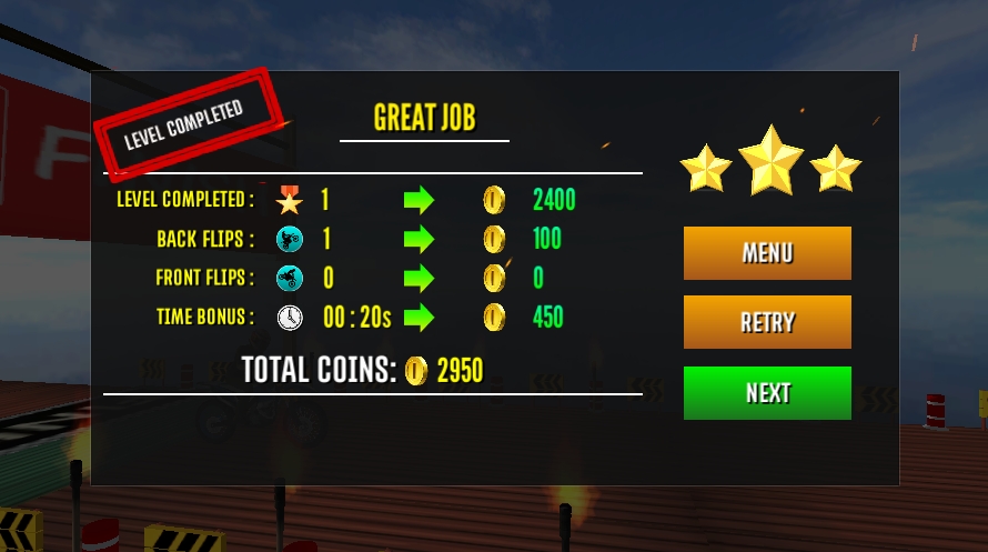 Complete levels to earn coins and stars Level completion screen showing three-star rating and coin rewards