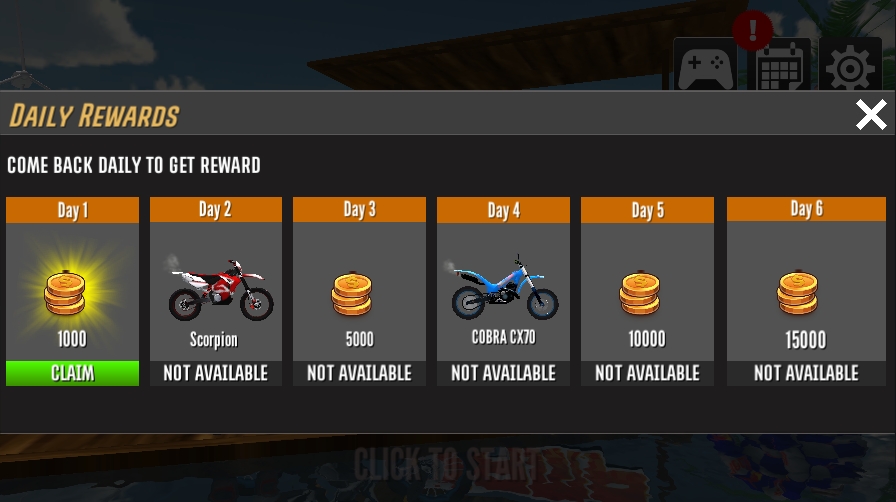 Claim daily rewards - up to 15000 coins and exclusive motorcycles Daily rewards system showing 6-day login bonuses