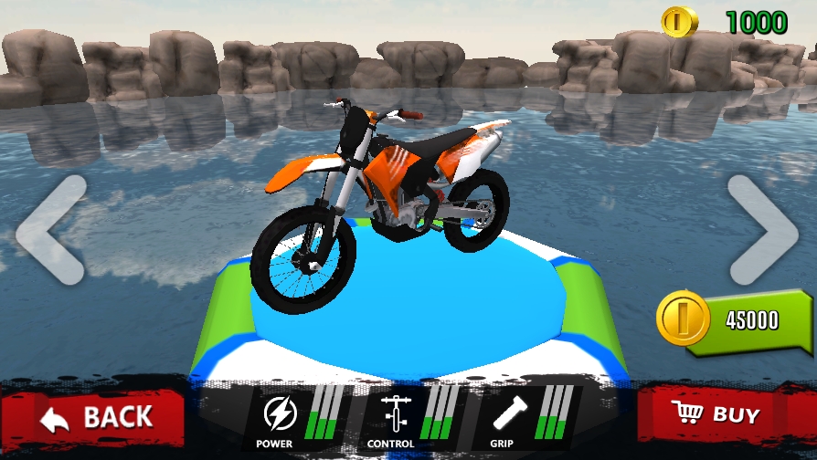 Unlock powerful motorcycles with coins Vehicle unlock system showing motorcycle stats - power, control, and grip